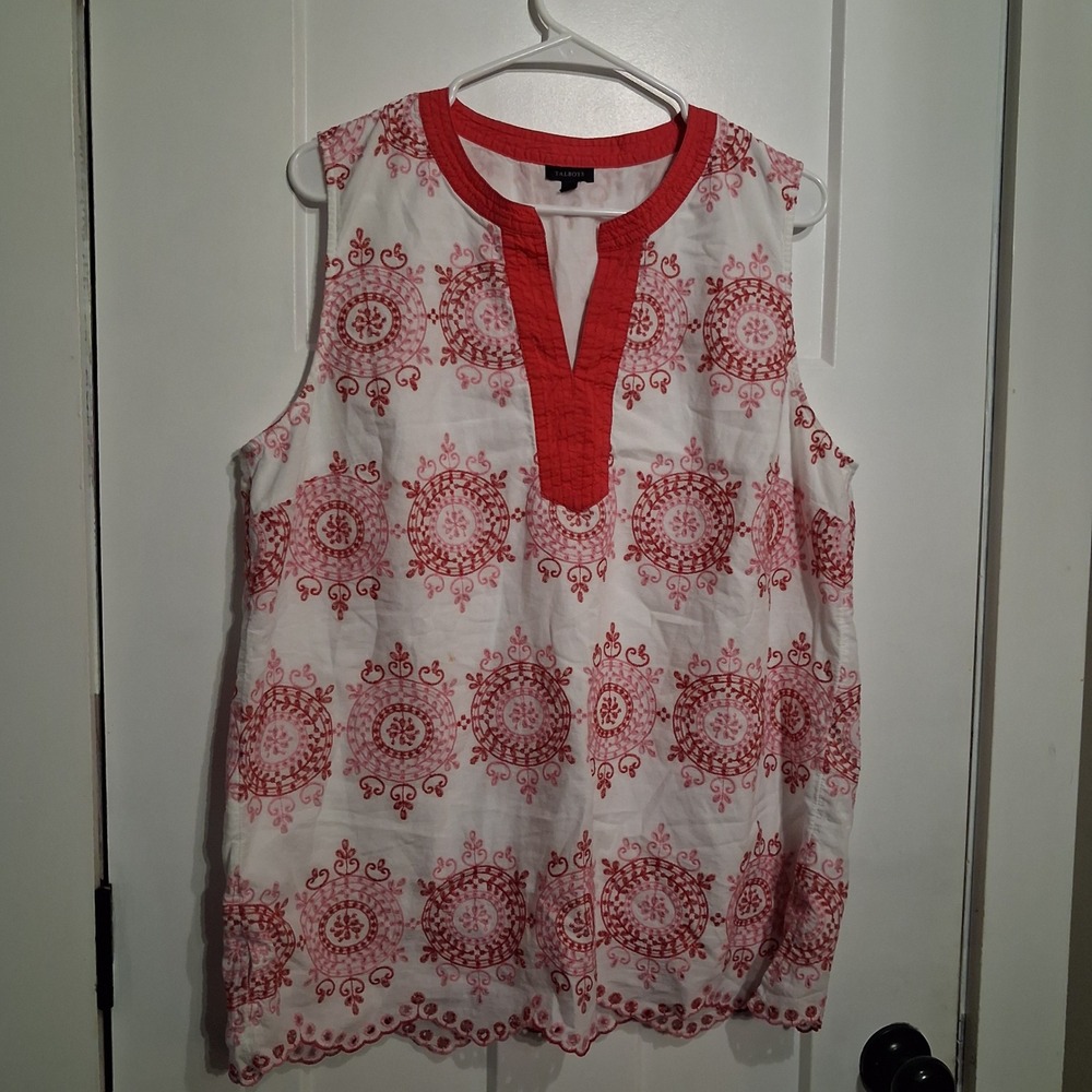 Talbots Embroidered Tank Women XL White Red/Pink Eyelet Scalloped Coastal Chic